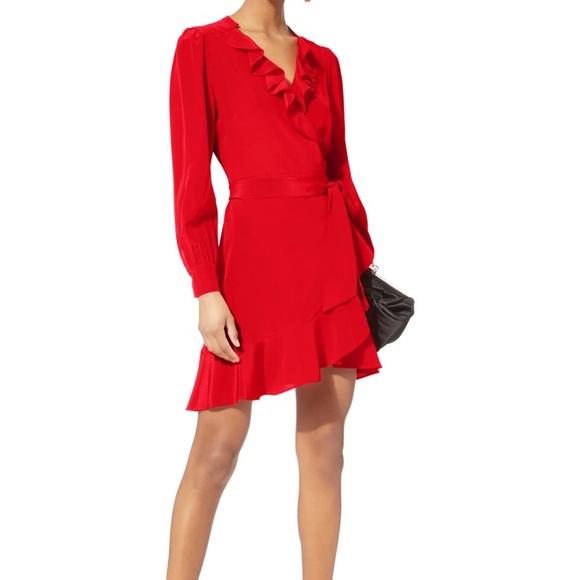 Intermix Dress Aviana Silk Wrap Ruffle Long Sleeve Red Dress - Picture 5 of 13